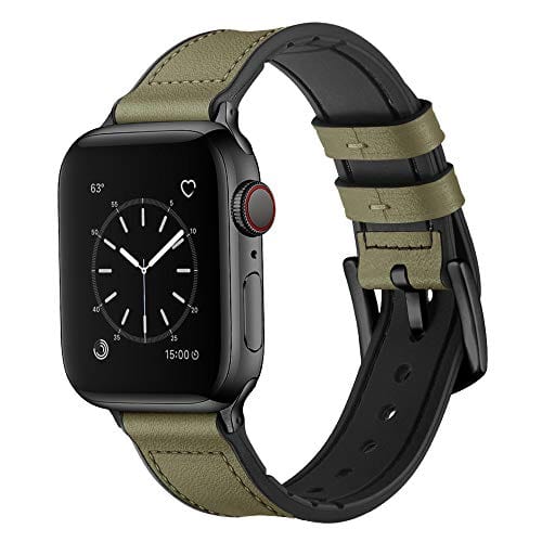 OUHENG Compatible with Apple Watch Band 40mm 38mm, Sweatproof Genuine Leather and Rubber Hybrid Band Strap Compatible with iWatch Series 6 5 4 3 2 1 SE, Army Green Band with Black Adapter