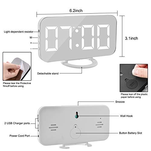Digital Alarm Clock,6" Large LED Display with Dual USB Charger Ports | Auto Dimmer Mode | Easy Snooze Function, Modern Mirror Desk Wall Clock for Bedroom Home Office for All People