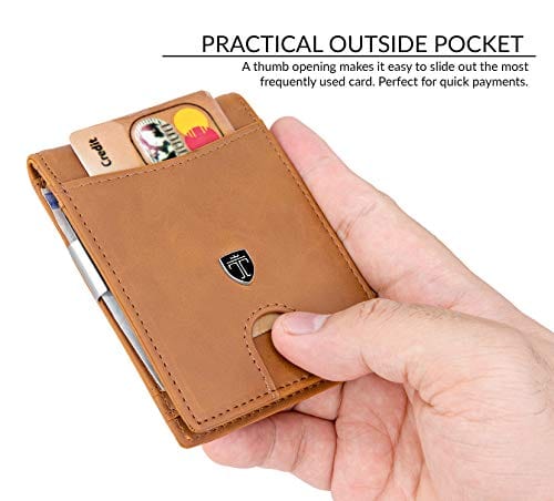 TRAVANDO Slim Wallet with Money Clip SEATTLE RFID Blocking Card Mini Bifold Men (Suede Leather, Cognac Brown)