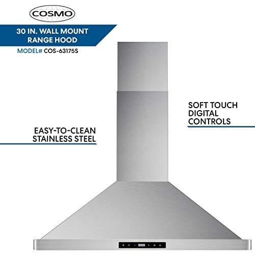 Cosmo 63175S 30 Inch 380 CFM Wall Mount Kitchen Range Hood with Soft Touch Digital Push Control and Energy Efficient LED Lighting, Stainless Steel