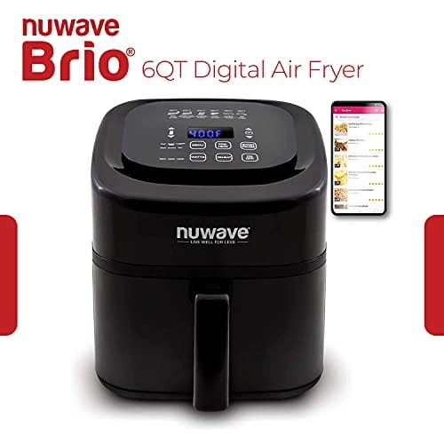 NuWave Brio 6-Quart Air Fryer with App Recipes (Black) Includes Basket Divider, One-Touch Digital Controls, 6 Easy Presets, Wattage Control, and Advanced Functions like SEAR, PREHEAT, DELAY, WARM and More (NEW UPDATED MODEL)