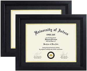 CORE ART Diploma Frames 8.5x11 with Black Mat or 11x14 without Mat, Black College Degree Frame Set of 2 for Diploma, Document, Certificate