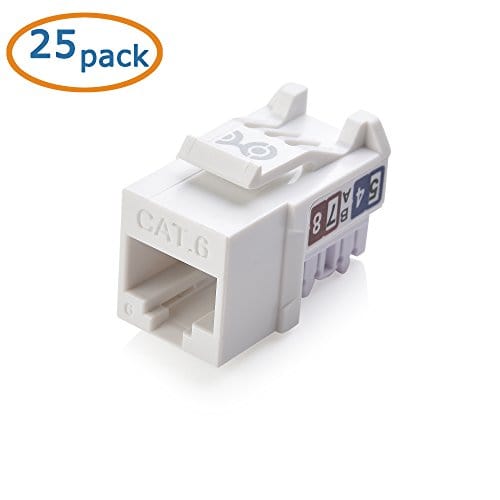 Cable Matters UL Listed 25-Pack Slim Profile 90 Degree Cat 6, Cat6 RJ45 Keystone Jack with Keystone Punch Down Stand in White