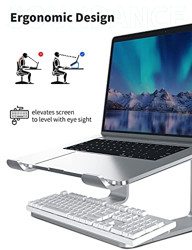 Soundance Laptop Stand, Aluminum Computer Riser, Ergonomic Laptops Elevator for Desk, Metal Holder Compatible with 10 to 15.6 Inches Notebook Computer, Silver