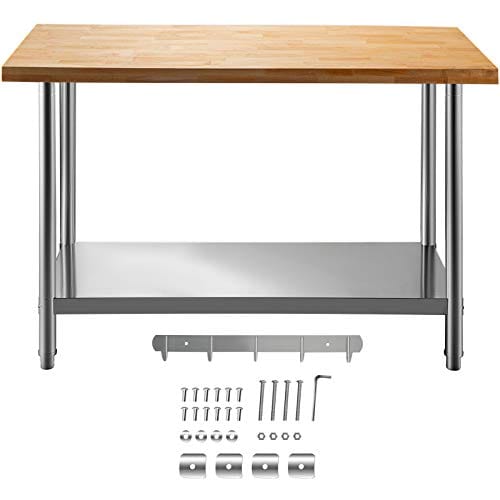 VEVOR Maple Top Work Table, 36 x 24 Inches Stainless Steel Kitchen Prep Table Wood, 1.5 Inch Thick Kitchen Maple Table with Lower Shelf and Feet, Stainless Steel Table for Home and Kitchen