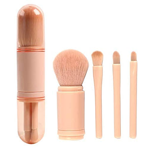 Small Makeup Brush Set Pink - 4 in 1 Portable Travel Lip Brush, Highlight Brush, Eyeshadow Brush, Foundation Blending Powder Brush Retractable Mini Facial Cosmetic Makeup Brush Set¡­
