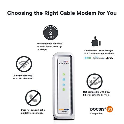 ARRIS SURFboard SB8200 DOCSIS 3.1 Gigabit Cable Modem, Approved for Cox, Xfinity, Spectrum & others , White , Max Internet Speed Plan 2000 Mbps