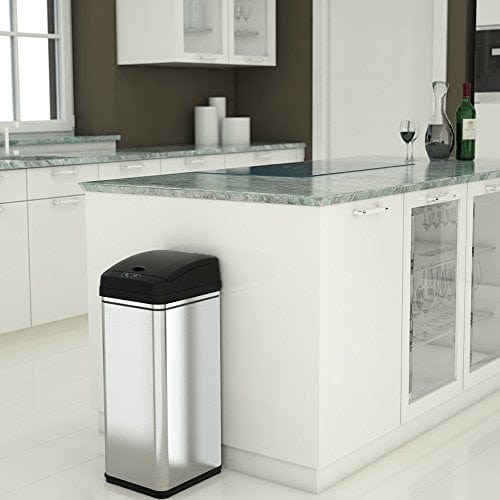 iTouchless 13 Gallon Automatic Trash Can with Odor-Absorbing Filter and Lid Lock, Power by Batteries (not included) or Optional AC Adapter (sold separately), Black/Stainless Steel