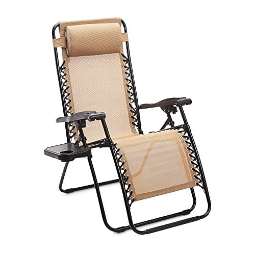 Amazon Basics Textilene Outdoor Adjustable Zero Gravity Folding Reclining Lounge Chair with Side table and Pillow - Pack of 2, Beige