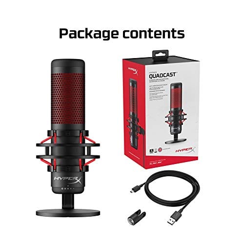 HyperX QuadCast - USB Condenser Gaming Microphone, for PC, PS4, PS5 and Mac, Anti-Vibration Shock Mount, Four Polar Patterns, Pop Filter, Gain Control, Podcasts, Twitch, YouTube, Discord, Red LED