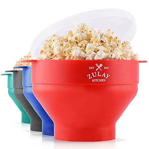Zulay Kitchen Large Microwave Popcorn Maker - BPA Free Silicone Popcorn Popper Microwave Collapsible Bowl With Lid - Family Size Microwave Popcorn Bowl - Various Colors Available (Red)