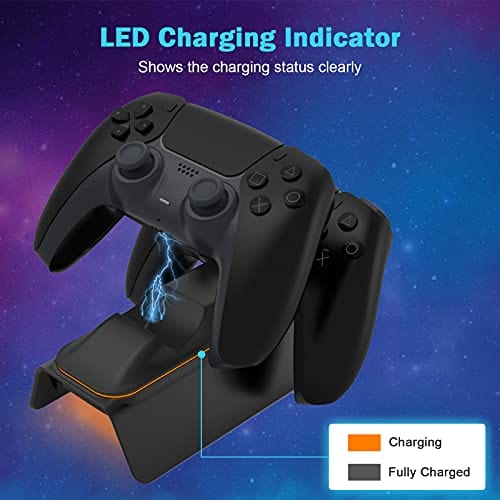 NexiGo Upgraded PS5 Controller Charger with Thumb Grip Kit, Fast Charging AC Adapter, DualSense Charging Station Dock for Dual Playstation 5 Controllers with LED Indicator, Black