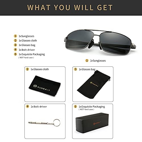 SUNGAIT Ultra Lightweight Rectangular Polarized Sunglasses UV400 Protection (Gunmetal Frame Gray Lens, 62) Metal Frame 2458 QKH