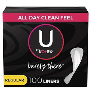 U by Kotex Barely There Thin Panty Liners, Light Absorbency, Regular Length, Unscented, 100 Count