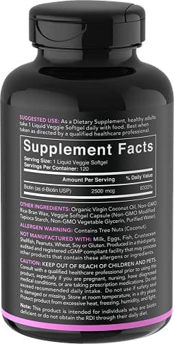 Biotin (2,500mcg) with Coconut Oil | Supports Healthy Hair, Skin & Nails in Biotin deficient Individuals | Non-GMO Verified & Vegan Certified