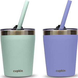 Cupkin Stackable Stainless Steel Cups for Toddlers (EASY to Clean) - Set of 2 Powder Coated Vacuum Insulated Kids Tumblers, 2 BPA Free Lids & 2 Reusable Silicone Straws (Aqua + Perriwinkle, 8.5 OZ)