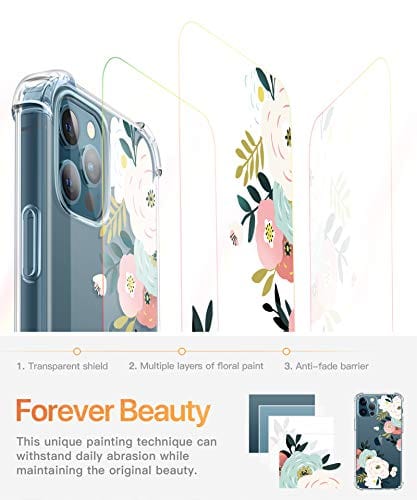 GVIEWIN Case Compatible with iPhone 12 and iPhone 12 Pro 6.1 Inch 2020, Clear Floral Soft & Flexible TPU Shockproof Cover
