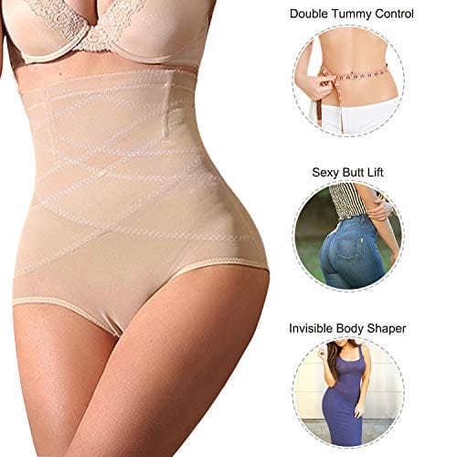 Nebility Women Butt Lifter Shapewear Hi-Waist Double Tummy Control Panty Waist Trainer Body Shaper (S, Beige)