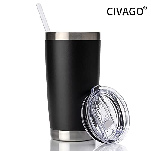 CIVAGO 20oz Tumbler with Lid and Straw, Stainless Steel Vacuum Insulated Coffee Tumbler Cup, Double Wall Powder Coated Travel Mug (Black, 1 Pack)