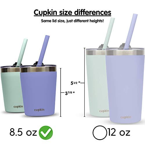 Cupkin Stackable Stainless Steel Cups for Toddlers (EASY to Clean) - Set of 2 Powder Coated Vacuum Insulated Kids Tumblers, 2 BPA Free Lids & 2 Reusable Silicone Straws (Aqua + Perriwinkle, 8.5 OZ)