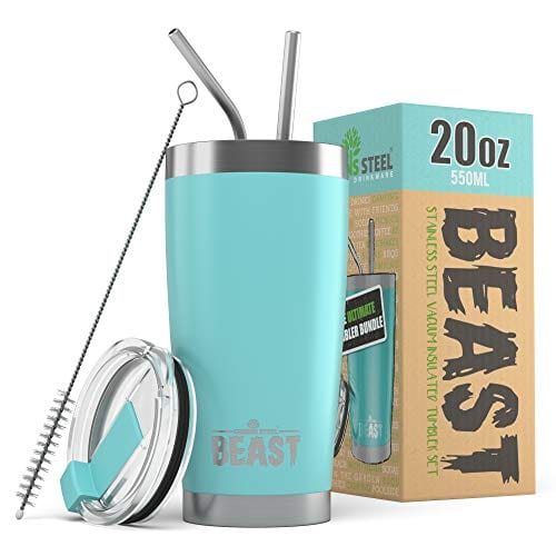 BEAST 20oz Teal Blue Tumbler - Insulated Stainless Steel Coffee Cup with Lid, 2 Straws & Brush by Greens Steel