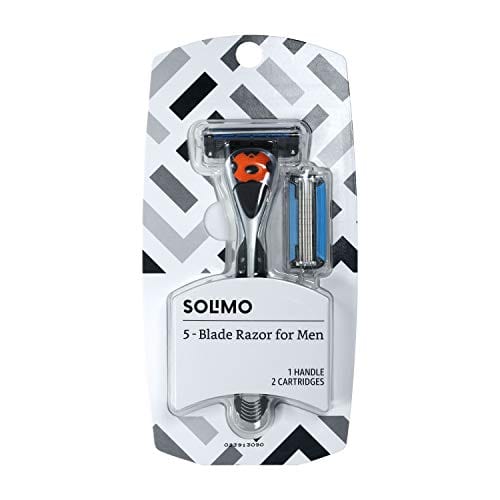 Amazon Brand - Solimo 5-Blade MotionSphere Razor for Men with Dual Lubrication and Precision Beard Trimmer, Handle & 2 Cartridges (Cartridges fit Solimo Razor Handles only)