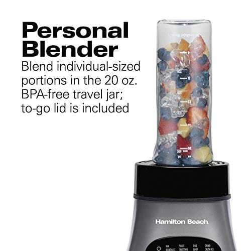Hamilton Beach Wave Crusher Blender with 40oz Jar, 3-Cup Vegetable Chopper, and Portable Blend-In Travel Jar for Shakes and Smoothies, Grey & Black (58163)