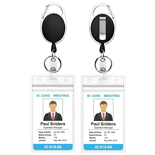 2 Pack Heavy Duty Retractable Badge Holders with Carabiner Reel Clip and Vertical Style Clear ID Card Holders, 24 inches Thick Kevlar Pull Cord