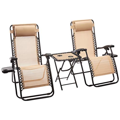 Amazon Basics Textilene Outdoor Adjustable Zero Gravity Folding Reclining Lounge Chair with Side table and Pillow - Pack of 2, Beige