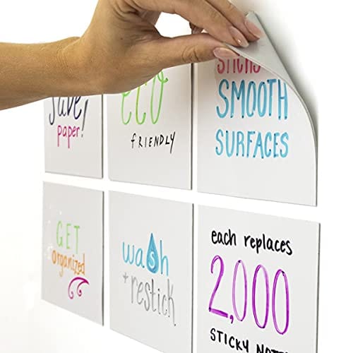mcSquares Stickies 5in x 5in --6 PACK-- Reusable, Dry-Erase, Adhesive-Free Stickers. Never Buy Single Use Paper Sticky Post-Its Notes Again! Now with Free Wet-Erase Tackie Marker!