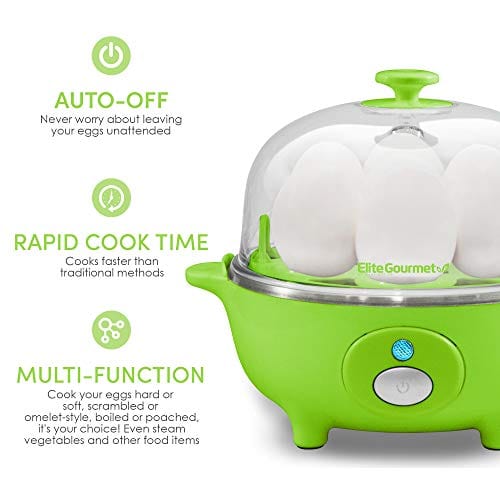 Elite Cuisine EGC-007G Maxi-Matic ~ ~ Electric Egg Poacher, Omelet, Scrambled Eggs & Soft, Medium, Hard-Boiled Egg Boiler Cooker with Auto-Shut off and Buzzer, 7 Egg Capacity, Green