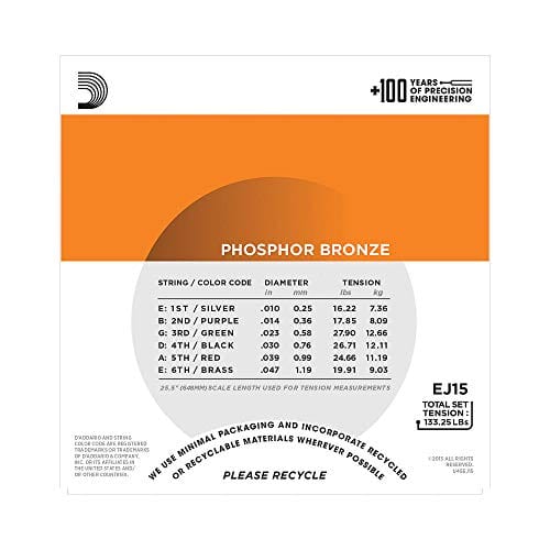 D’Addario EJ15 Phosphor Bronze Acoustic Guitar Strings, Extra Light (1 Set) – Corrosion-Resistant Phosphor Bronze, Offers a Warm, Bright and Well-Balanced Acoustic Tone and Comfortable Playability