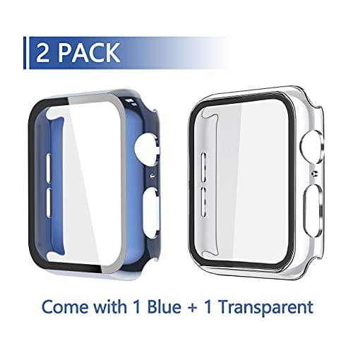 Misxi 2 Pack Hard PC Case with Tempered Glass Screen Protector Compatible with Apple Watch Series 6 SE Series 5 Series 4 40mm, 1 Blue + 1 Transparent