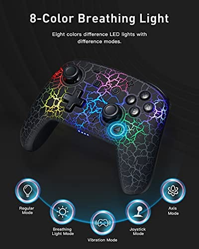 Switch Controller, Wireless Switch Pro Controller for Switch/Switch Lite, 8 Colors Adjustable LED Wireless Remote Gamepad with Unique Crack/Turbo/Dual Shock/Motion Control (Black)