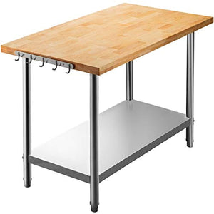 VEVOR Maple Top Work Table, 36 x 24 Inches Stainless Steel Kitchen Prep Table Wood, 1.5 Inch Thick Kitchen Maple Table with Lower Shelf and Feet, Stainless Steel Table for Home and Kitchen