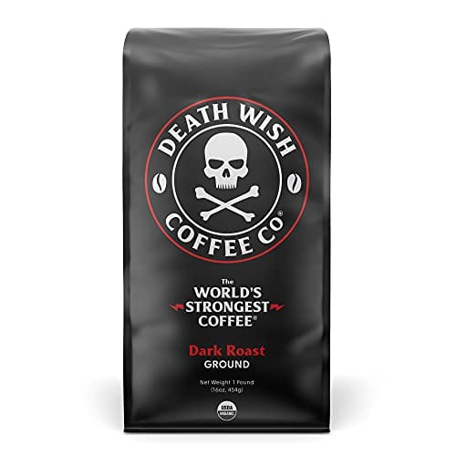 DEATH WISH COFFEE Ground Coffee Dark Roast [16 oz.] The World's Strongest Coffee - Organic, Fair Trade, Strong Coffee Grounds from Arabica, Robusta (1-Pack)