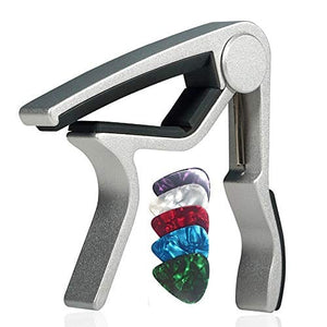 WINGO Quick-Change capo for 6 String Steel Acoustic and Electric Guitars with 5 Picks for Free,Silver