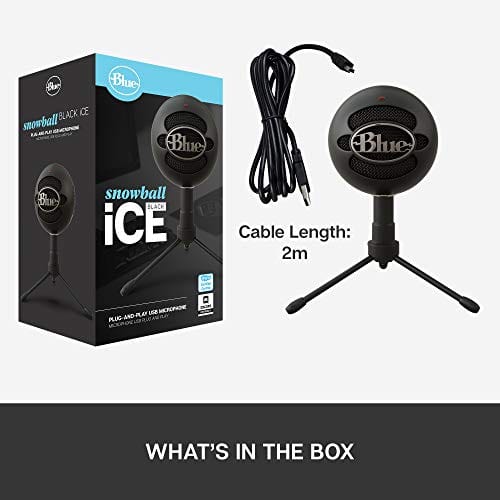 Blue Snowball iCE USB Mic for Recording and Streaming on PC and Mac, Cardioid Condenser Capsule, Adjustable Stand, Plug and Play – Black