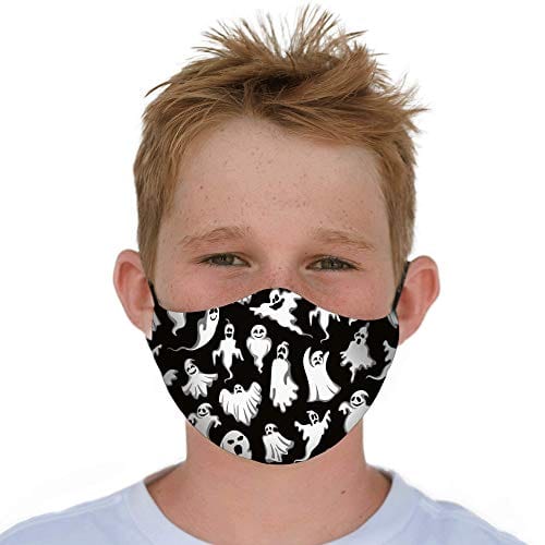 Halloween Youth Washable Face Mask with Adjustable Earloops & Nose Wire - 3 Layers, 100% Cotton Inner Layer - Ages: 5-12 - Cloth Reusable Face Protection with Filter Pocket (White Pattern)