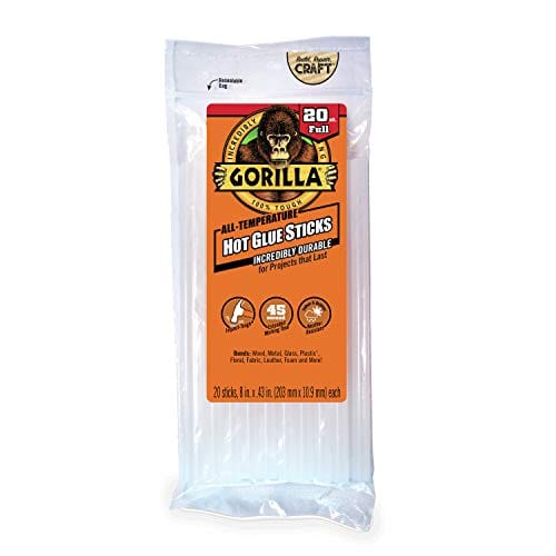 Gorilla Hot Glue Sticks, Full Size, 8" Long x .43" Diameter, 20 Count, Clear, (Pack of 1) - 3032016