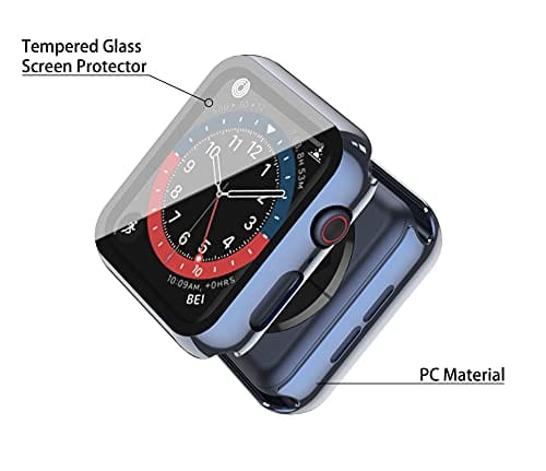 Misxi 2 Pack Hard PC Case with Tempered Glass Screen Protector Compatible with Apple Watch Series 6 SE Series 5 Series 4 40mm, 1 Blue + 1 Transparent