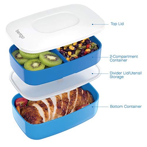 Bentgo Classic - All-in-One Stackable Bento Lunch Box Container - Modern Bento-Style Design Includes 2 Stackable Containers, Built-in Plastic Utensil Set, and Nylon Sealing Strap (Blue)