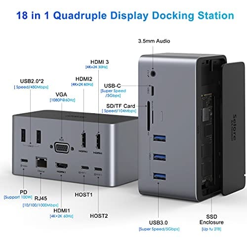 USB C Docking Station,18 in 1 Quadruple Display Docking Station with 4K HDMI+SSD Enclosure+VGA Display+Ethernet+4 USB,+SD for MacBook Pro Air, Dell XPS 13, HP x360 and More Type-C Laptops