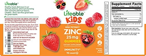 Lifeable Zinc Gummies for Kids – 25mg – Great Tasting Natural Flavor Gummy Supplement Vitamins – Gluten Free Vegetarian GMO-Free Chewable – for Healthy Immune Support – 90 Gummies