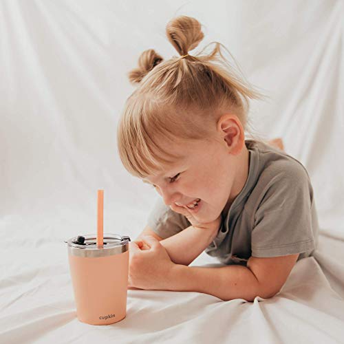Cupkin Stackable Stainless Steel Cups for Toddlers (EASY to Clean) - Set of 2 Powder Coated Vacuum Insulated Kids Tumblers, 2 BPA Free Lids & 2 Reusable Silicone Straws (Aqua + Perriwinkle, 8.5 OZ)
