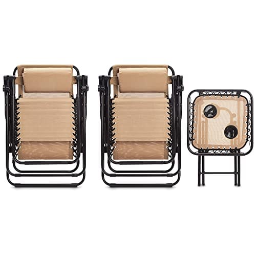 Amazon Basics Textilene Outdoor Adjustable Zero Gravity Folding Reclining Lounge Chair with Side table and Pillow - Pack of 2, Beige