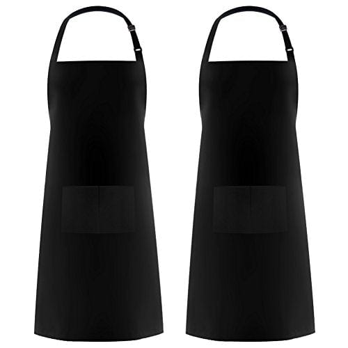 Syntus 2 Pack Adjustable Bib Apron Thicker Version Waterdrop Resistant with 2 Pockets Cooking Kitchen Aprons for Women Men Chef, Black