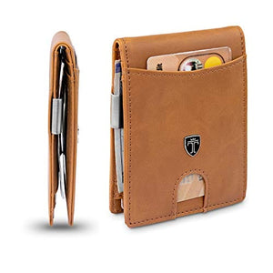 TRAVANDO Slim Wallet with Money Clip SEATTLE RFID Blocking Card Mini Bifold Men (Suede Leather, Cognac Brown)