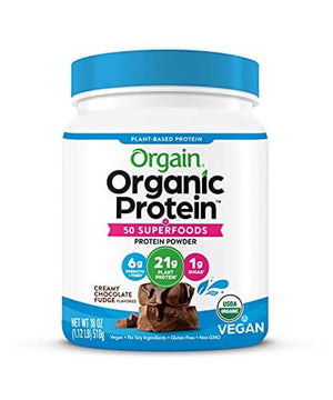 Orgain Organic Protein + Superfoods Powder, Creamy Chocolate Fudge - Vegan, Plant Based, 6g of Fiber, No Dairy, Gluten, Soy or Added Sugar, Non-GMO, 1.12 Lb