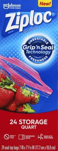 Ziploc Storage Bags with New Grip 'n Seal Technology, For Food, Sandwich, Organization and More, Smart Zipper Plus Seal, Quart, 24 Count
